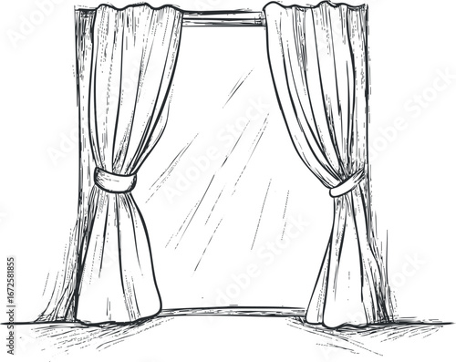 Black and white sketch of a window with tied curtains showing light coming through the glass pane.