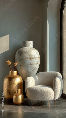 Elegant Interior Design Featuring Golden Vases and a Cozy Chair in a Modern S...