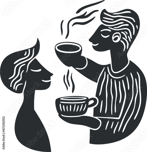 Illustration of two people enjoying hot drinks with steam rising, engaging in conversation and relaxation
