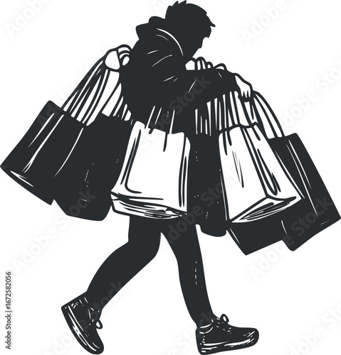 Silhouette of a person carrying multiple shopping bags walking, representing shopping and retail therapy.