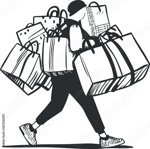 Black and white illustration of a person carrying many shopping bags while walking, representing shopping and consumerism.