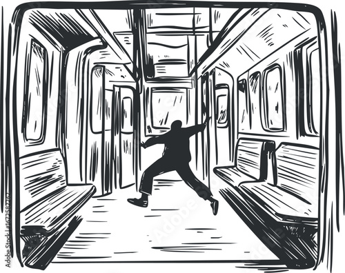 Black and white drawing of a person inside an empty subway train car holding onto a pole while standing.