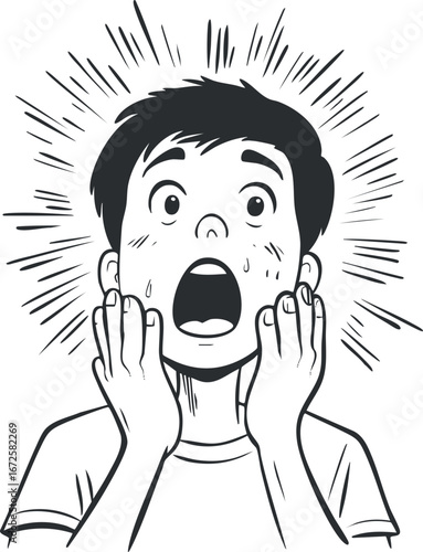 Black and white illustration of a young boy with shocked expression and hands on face showing fear