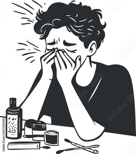 Black and white illustration of a man sneezing with medicine and tissues on the table showing cold or allergy symptoms