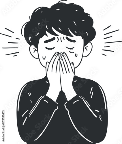 Illustration of a young male covering his face with hands while coughing or sneezing, showing illness or cold symptoms