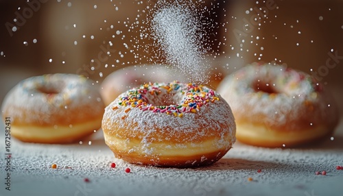 Delicious Donuts Being Dusted With Powdered Sugar and Colorful Sprinkles in a...