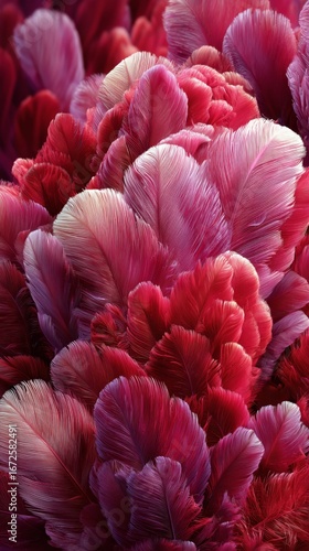 Vibrant Pink and Red Feather-Like Petals Create an Artistic Display in a Flor...