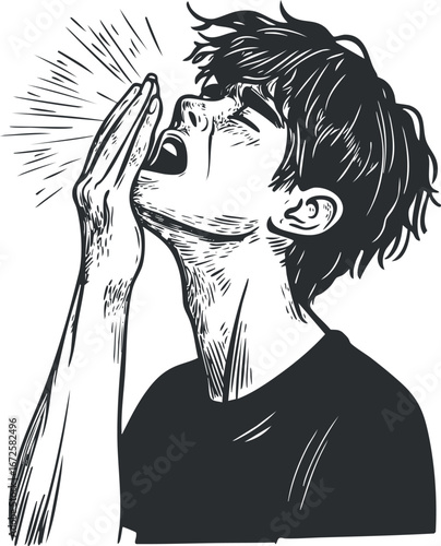 Black and white illustration of a young boy yawning with his hand covering his mouth, showing tiredness and fatigue