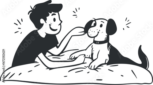 A boy happily playing and bonding with his dog while lying on a bed in a simple black and white illustration