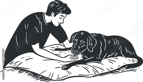 Black and white illustration of a man petting a dog resting on a cushion showing companionship and care.