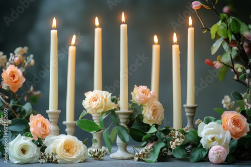 Elegant Candle Arrangement With Roses Creating a Serene Ambiance in Soft Ligh...