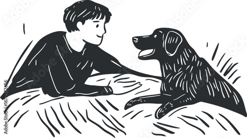 Black and white illustration of a boy lying down and happily interacting with a dog