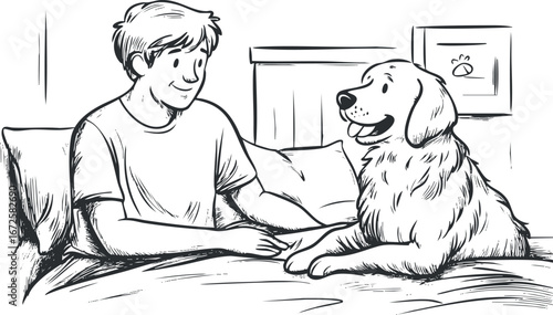 Black and white sketch of a boy sitting on a bed with a happy dog, showing friendship and comfort indoors.