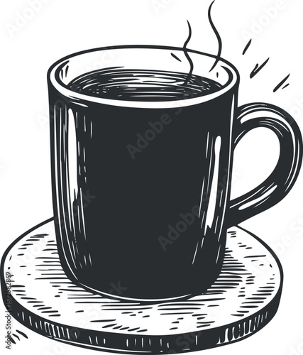 Black and white hand-drawn illustration of a steaming hot coffee cup on a saucer