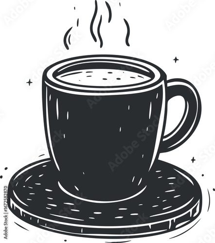 Black and white illustration of a steaming cup of coffee on a saucer with stylized steam rising