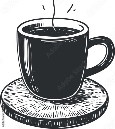 Black and white hand-drawn illustration of a steaming hot coffee cup on a saucer