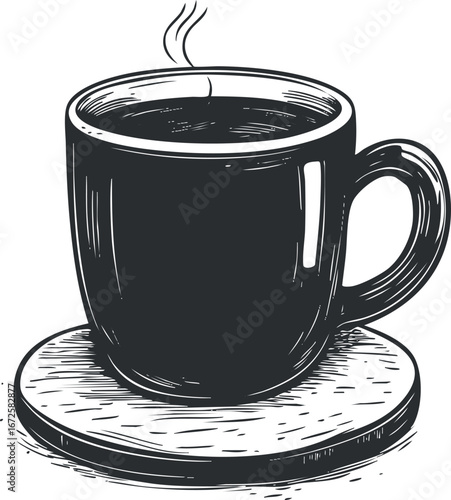 Black and white hand-drawn illustration of a steaming hot coffee cup on a saucer with detailed lines.