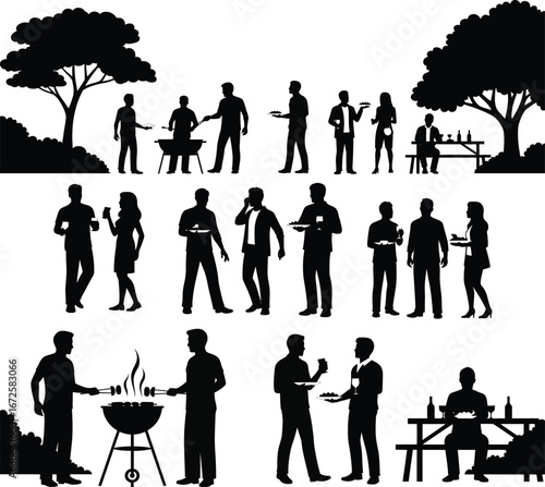 Silhouette scene of a summer barbecue party with people and trees grill