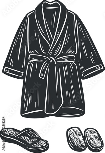 Black and white illustration of a bathrobe with a belt and two pairs of slippers for indoor relaxation