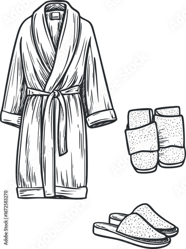 Black and white line drawing of a bathrobe with slippers and house slippers for indoor comfort and relaxation