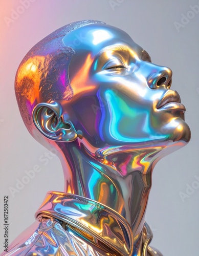 Futuristic Iridescent Sculpture of Person in Profile View with Dynamic Color Reflections and Smooth Metallic Surface Texture