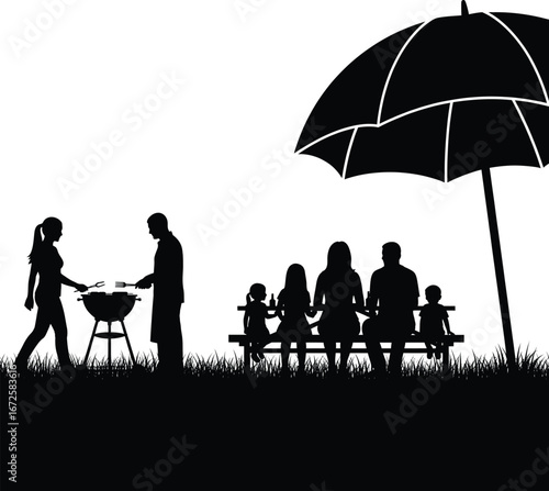 Family Barbecue In The Park With Umbrella And Grass On A White Background grill summer