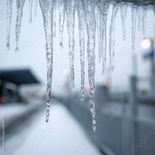Icicles hanging from a roof on a cold winter day with a blurred background