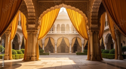A sun-drenched courtyard, adorned with intricate arches and opulent golden drapes, evokes a sense of regal splendor.