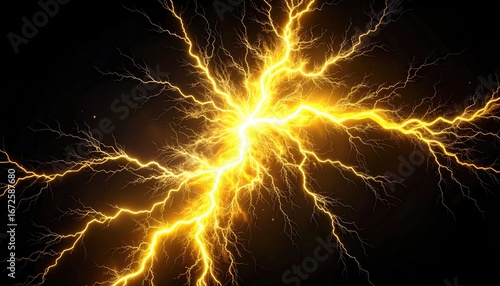 Golden electric energy bursts radiate outward in a dark background