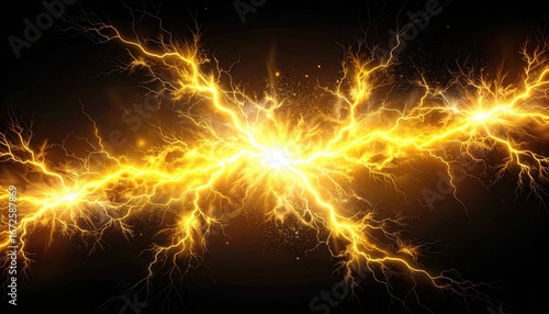 Powerful golden electrical energy bursts and sparks explode across a dark background