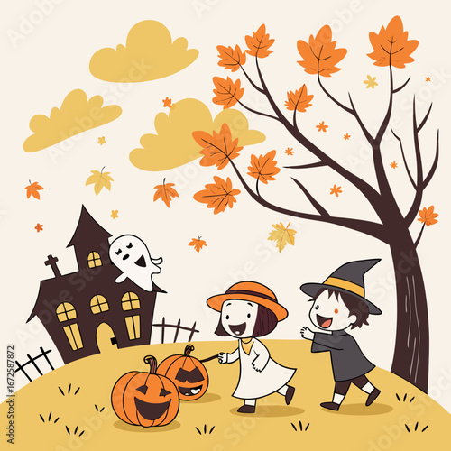 Autumn Halloween Party 
Kids wearing Halloween costume in autumn.vector illustration of coloring page black and white  