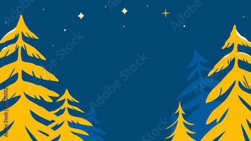 Winter landscape with yellow trees and starry night background  