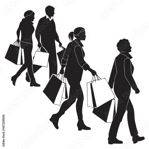 Stylish Black and White Silhouettes of Shoppers Carrying Shopping Bags After a Retail Therapy Session.