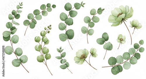 Elegant watercolor eucalyptus sprigs and delicate flowers. AI Generated