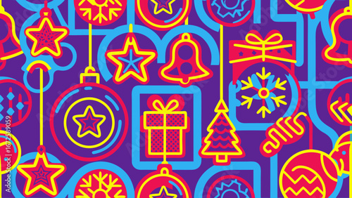 Bright neon Christmas ornaments and symbols on dark background  