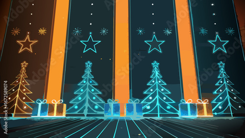 Festive Christmas scene with glowing trees and presents in blue tones  