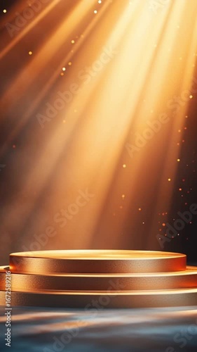 Golden three-tiered podium lit by dramatic spotlight beams with smoky dark background and glowing particles