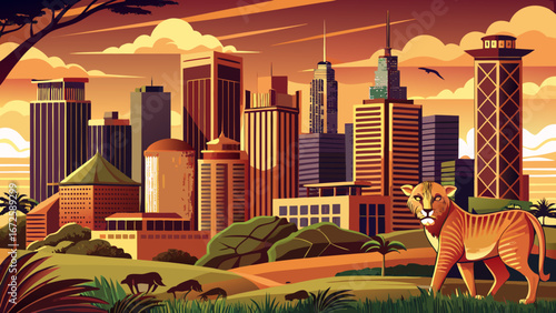Nairobi, Kenya, balances urban bustle with wilderness. Skyscrapers stand near Nairobi National Park, where lions roam against a city skyline—a rare harmony of metropolis and untamed savanna.