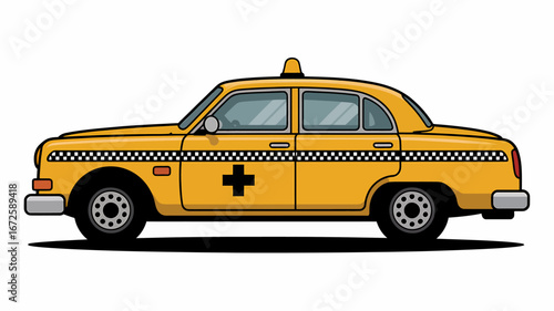 Classic Yellow Taxi Cab Illustration Side View with Checkerboard Stripes for Transportation Concepts and Urban Lifestyle Graphics