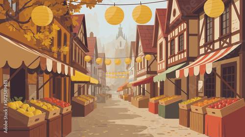 Charming European Marketplace Scene with Fruit Stalls and Traditional Architecture in Autumn Hues Perfect for Travel and Food Enthusiasts