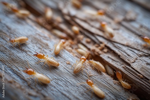 Close-up of termites on damaged wooden furniture. Pest infestation, extermination or pest insect control solutions in the household. 