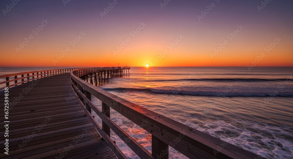Obraz premium Serene sunrise over the ocean, viewed from a curved wooden pier, showcasing a tranquil and colorful morning sky.