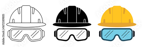 Safety First Protective Gear Set Including Hard Hats and Safety Goggles Construction and Workplace Safety Icons