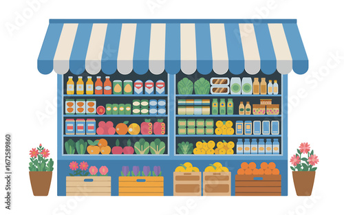 Cheerful Grocery Store Front with Fresh Produce and Shelves Filled with Diverse Products Ideal for Market Themes and Local Business Illustrations