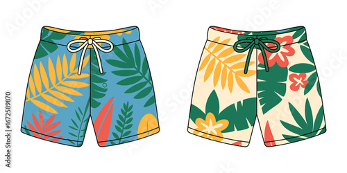 Tropical Print Swim Trunks Featuring Vibrant Colors and Lush Leaf Patterns Perfect for Summer Vacation and Beach Getaways