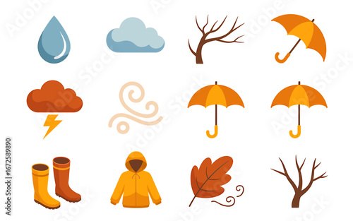 Collection of Autumn Weather Icons Depicting Rain Storm Wind and Changing Seasons Vector Illustration