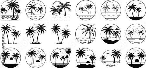 Collection of Tropical Palm Tree Silhouette Illustrations in Oval Frames for Summer Vacation Designs
