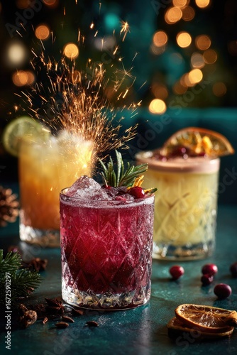 Festive cocktails with sparking firework display