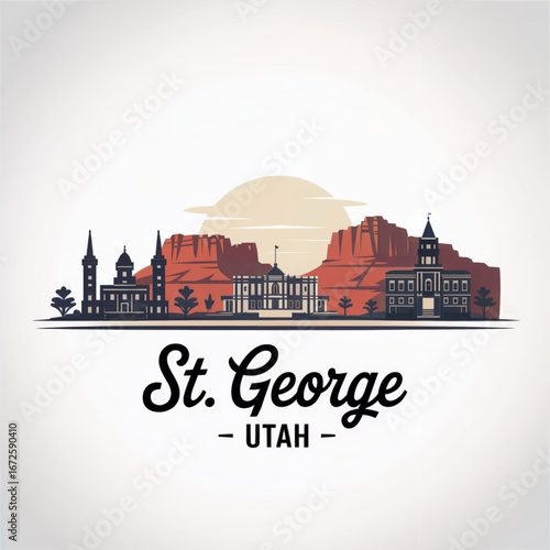 St. George Utah Skyline Silhouette — Desert City with Red Rock Backdrop Vector Illustration