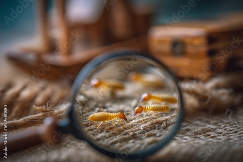 Close-up of termites under a magnifying glass, on damaged wooden furniture. Pest infestation, extermination or pest insect control solutions in the household. 